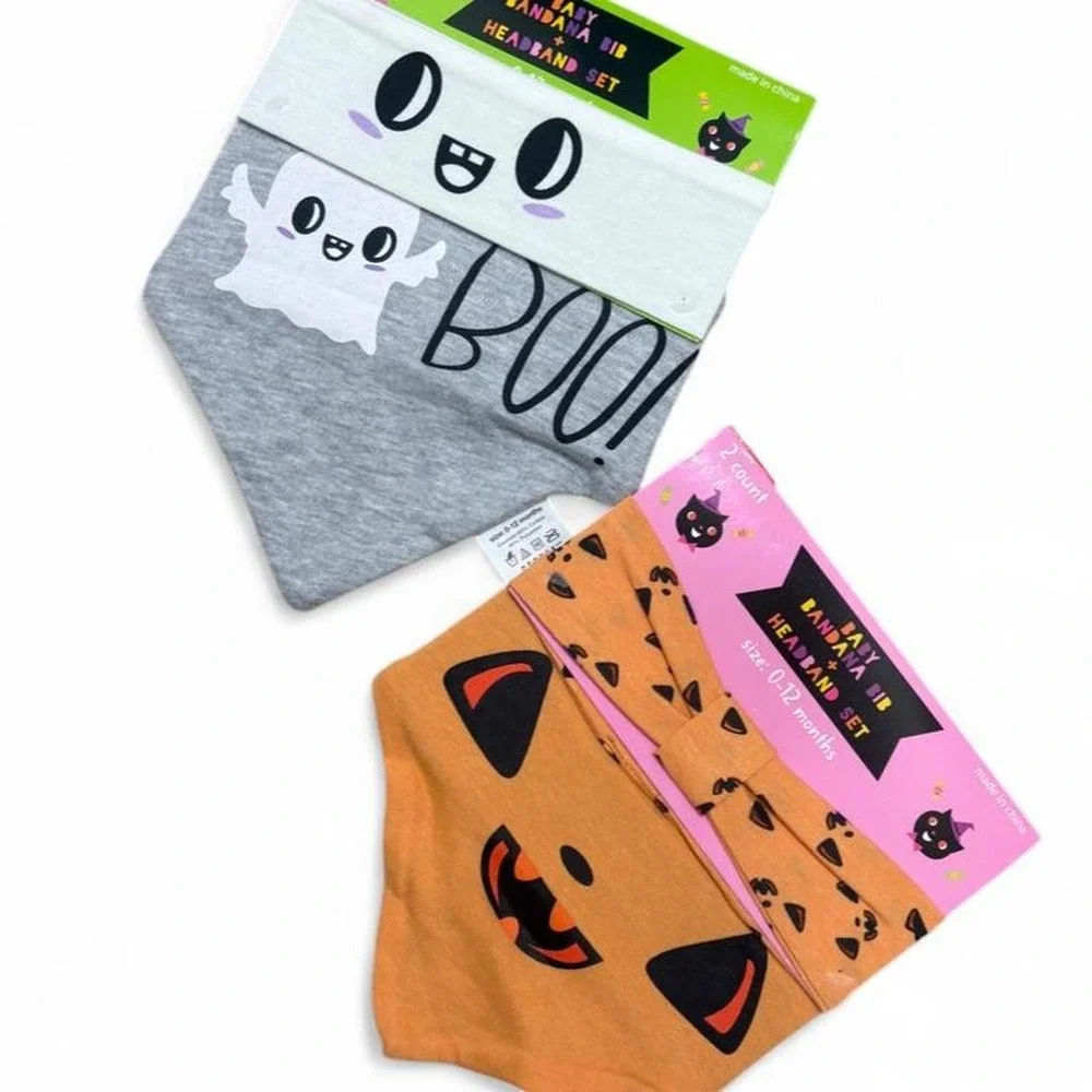 Halloween Baby Bandana Bib & Headband Bundles Set (0-12M) 2x ghost & pumpkin